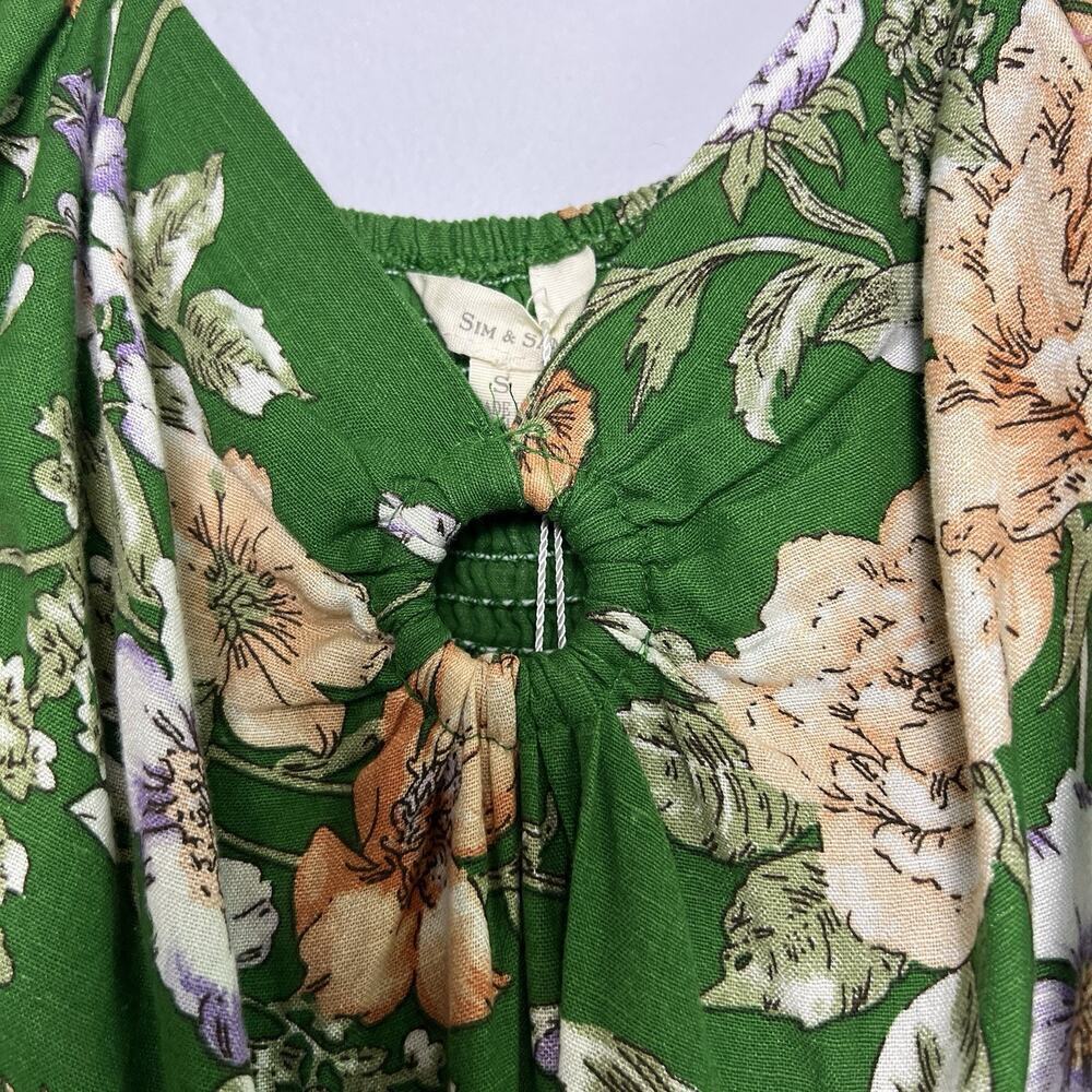 NWT Sim & Sam Dress Linen Blend Floral Sz S Ruffled Babydoll Vacation Green Boho - Picture 5 of 15